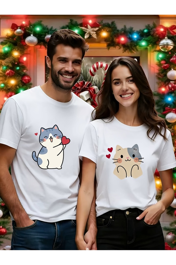 Double Matching Set 1 Men's Model Valentine's Day Printed Relaxed Fit T-shirt