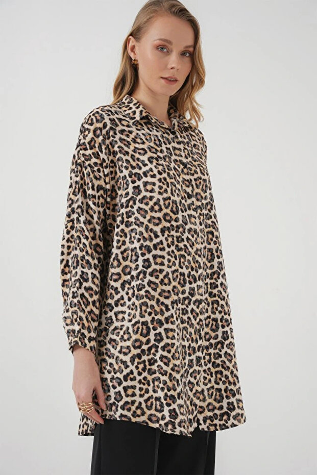 5944 تونيك قميص طويل منقوش - بيج - 3