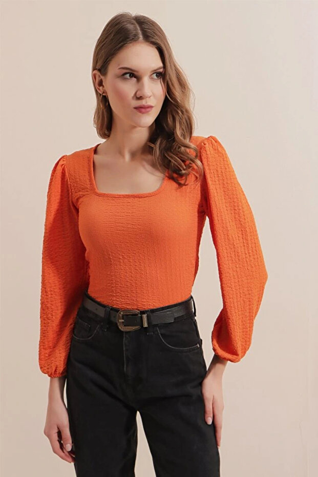 0442 بلوزة بأكمام طويلة - برتقالي - 2