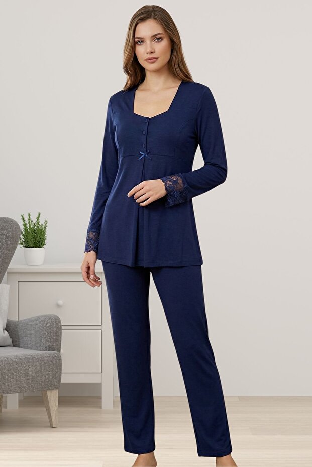 Cotton Maternity and Postpartum Pajama Set with Nursing Features – Elastic Waist – Navy Blue
