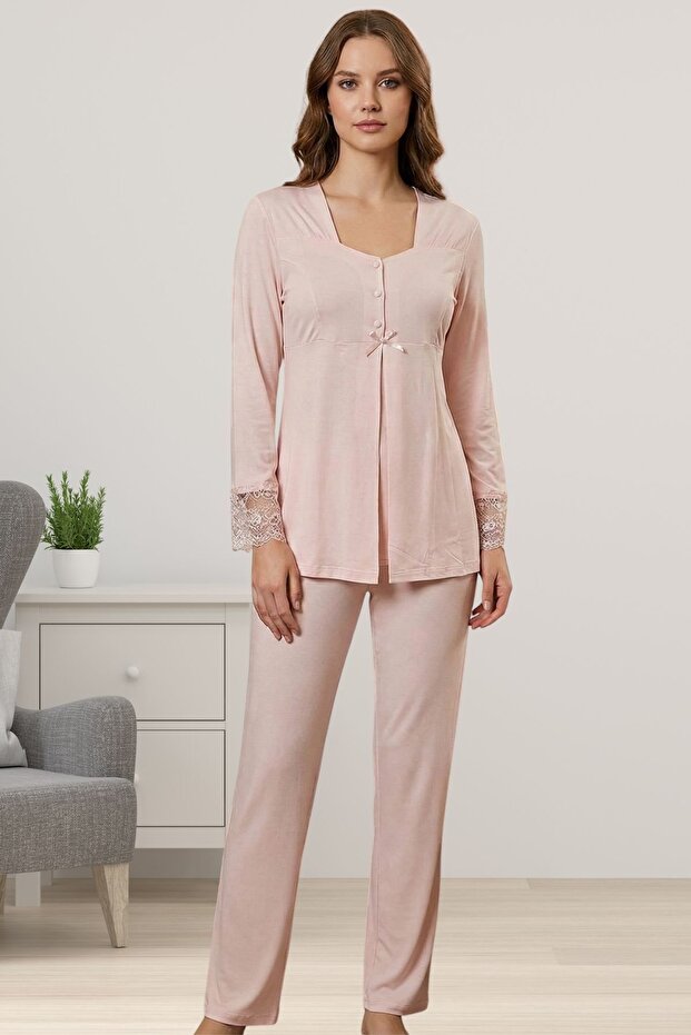 Cotton Maternity and Postpartum Pajama Set with Breastfeeding Feature - Elastic Waist - Powder