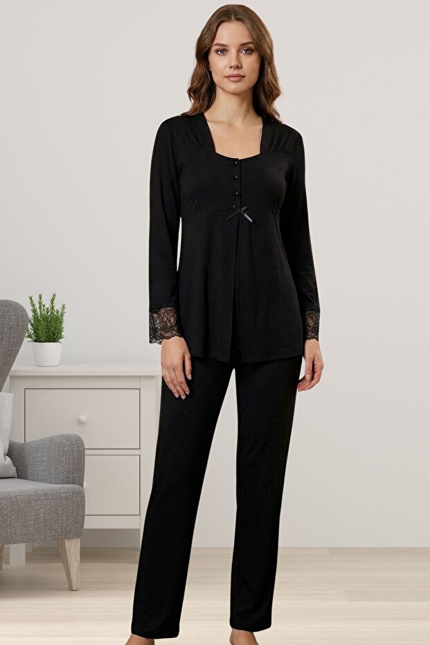 Cotton Maternity and Postpartum Pajama Set with Nursing Features - Elastic Waist - Black