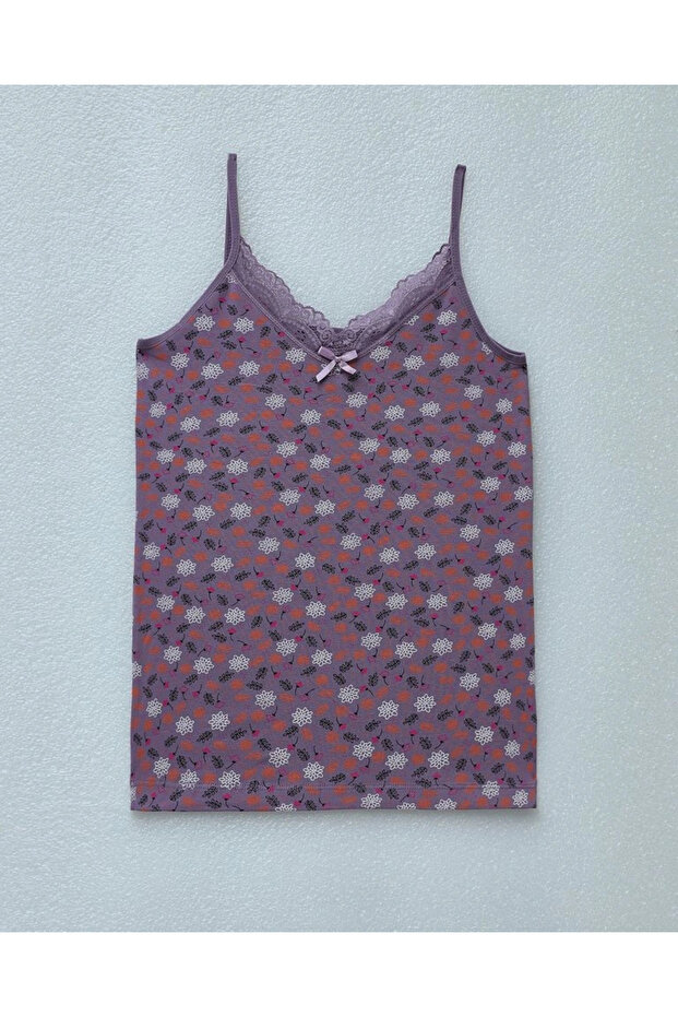 Floral Patterned Lace Strap Tank Top - Purple - 1