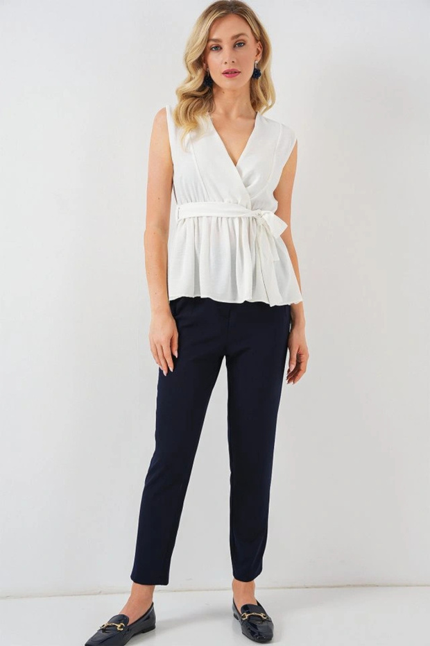 بلوزة بدون أكمام بياقة مزدوجة 966 - أبيض - 2