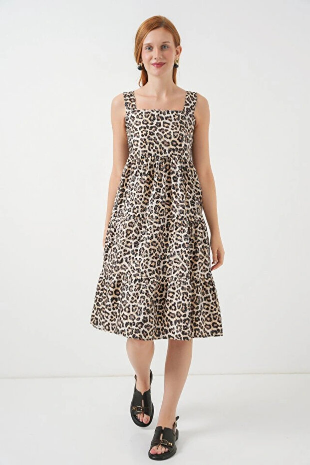 Patterned Strap Midi Dress 2577 - C. Brown - 2