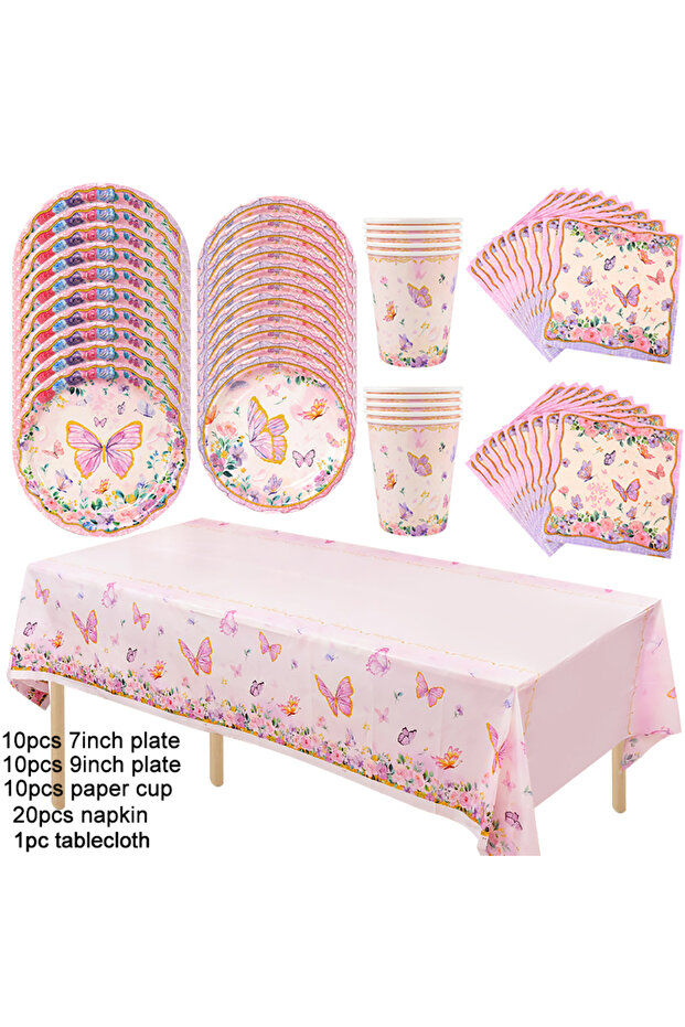 51pcs set Butterfly Disposable Tableware Set Paper Plate Cup Napkins Pink Butterfly Birthday Party D