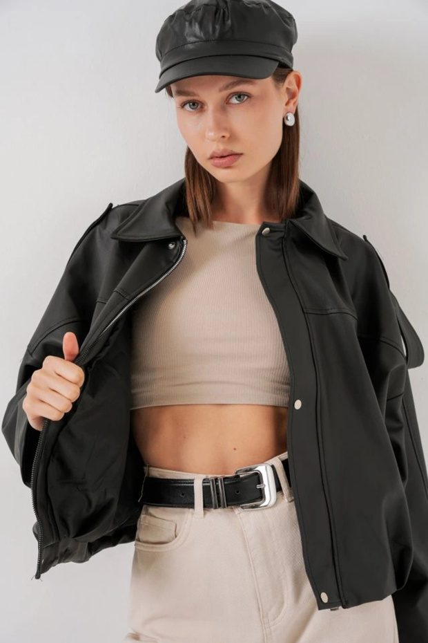 قصة فضفاضة سترة جلدية 1055 - أسود - 4