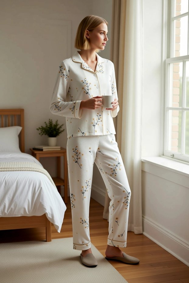 Women's Shirt Collar Standard Sleeve Regular Fit Knitted Pajama Set Functional Durable Sports