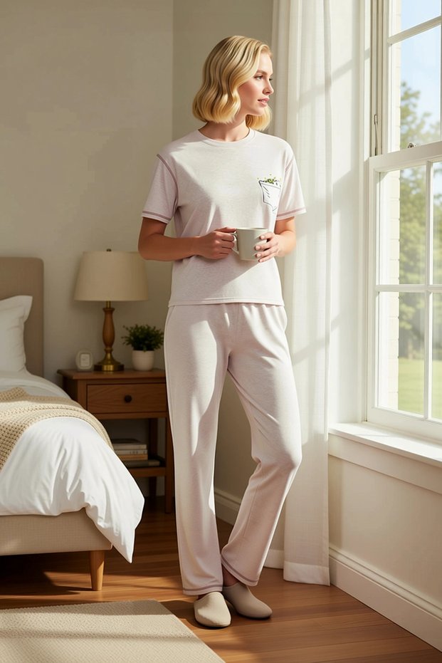 Women's Crew Neck Short Sleeve Regular Fit Pajama Set Functional Durable Stylish 100% Cotton