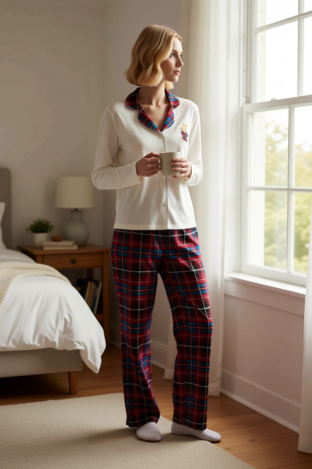 Women's Plaid Cat Printed Shirt Collar Long Sleeve Regular Fit Pajama Set Stylish