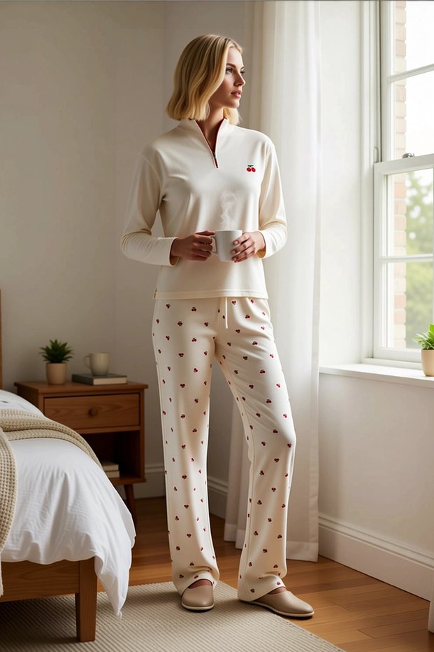 Women's Mock Neck Low Arm Zippered Waffle Knitted Plaid Pattern Pajama Set Functional Stylish