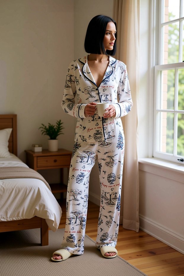 Women's Shirt Collar Long Sleeve Regular Fit Pajama Set Functional Quality