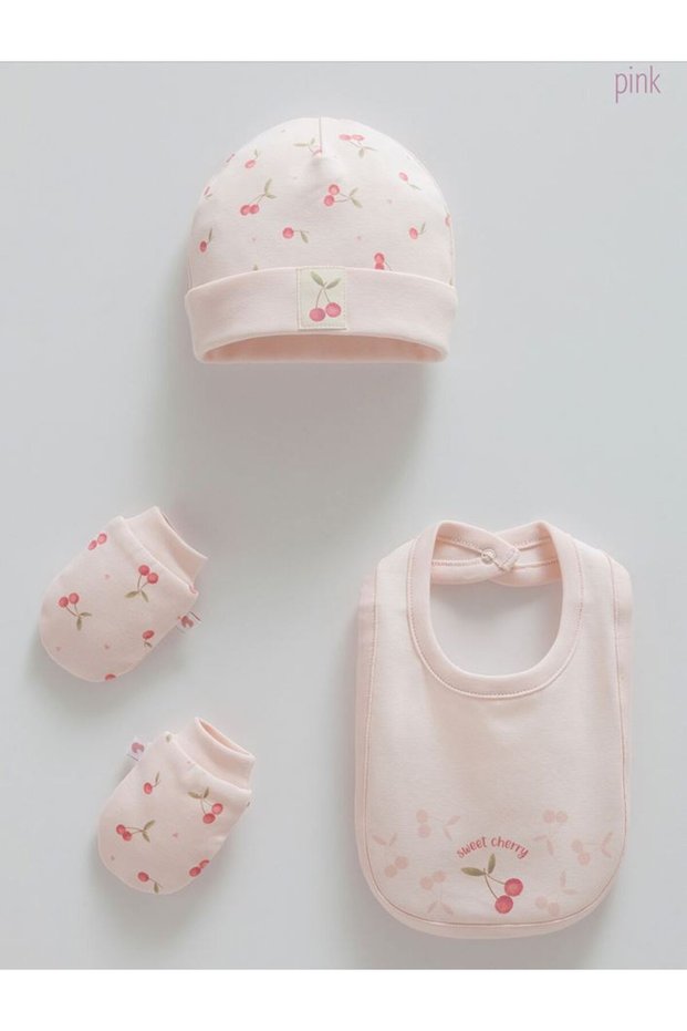 İncibaby 100% Cotton Sweet Cherry Baby Girl Set of 3 (Hat, Bib, Gloves) New Season 2026