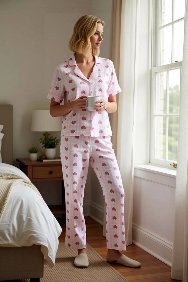 Women's Muslin Woven Shirt Collar Short Sleeve Heart Pattern Pajama Set Functional 100% Cotton