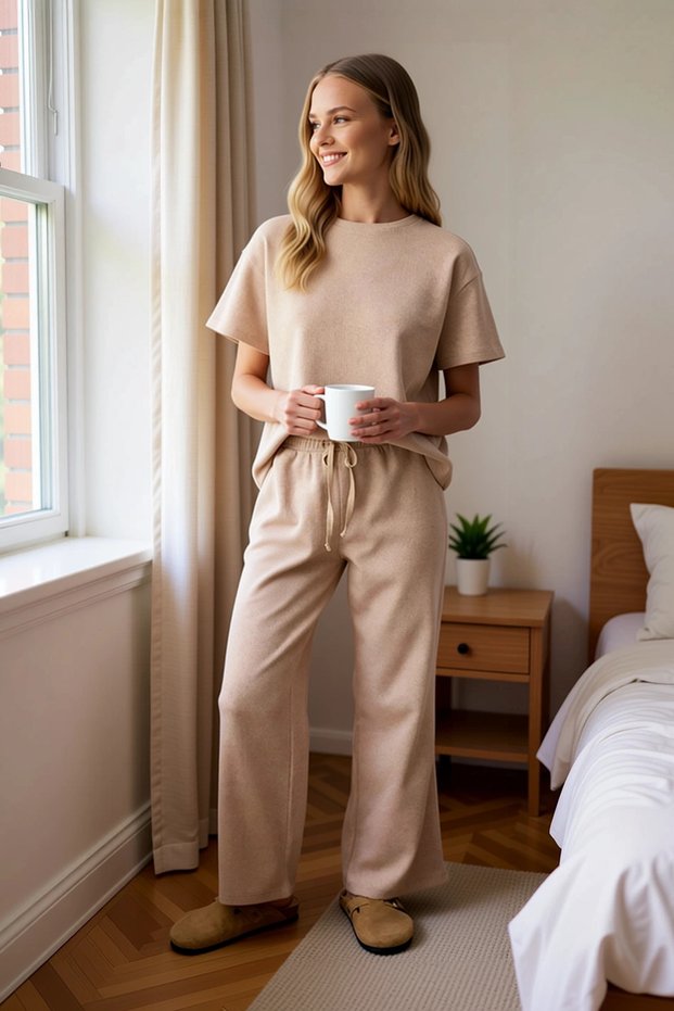 Women's Crew Neck Standard Sleeve Waffle Knitted Pajama Set Functional Durable Quality Stylish