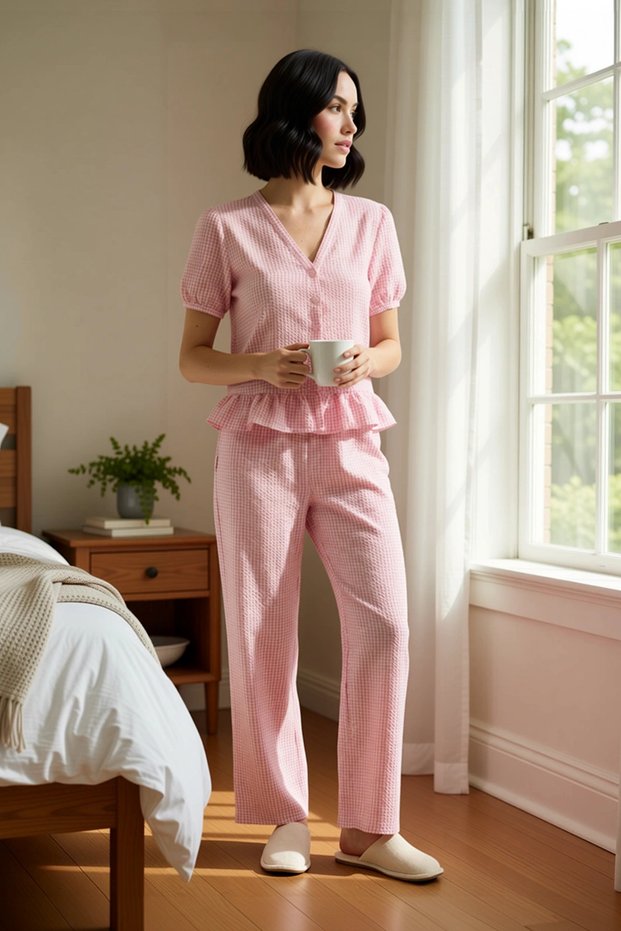 Women's V-Neck Balloon Sleeve Seersucker Woven Checkered Pajama Set Long Sleeve Regular Fit Quality