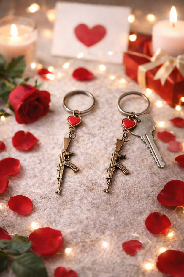 Heart Detailed Rifle Figured Keychain Set of 2 – Metal Military Design Couple Keychain