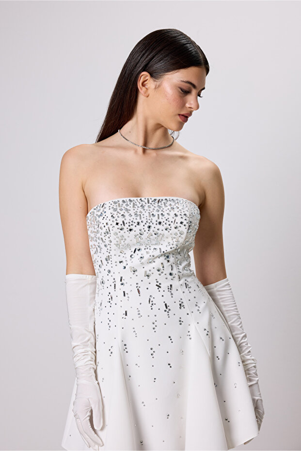 Taş İşlemeli Straplez Mini Abiye Davet Elbisesi - 5