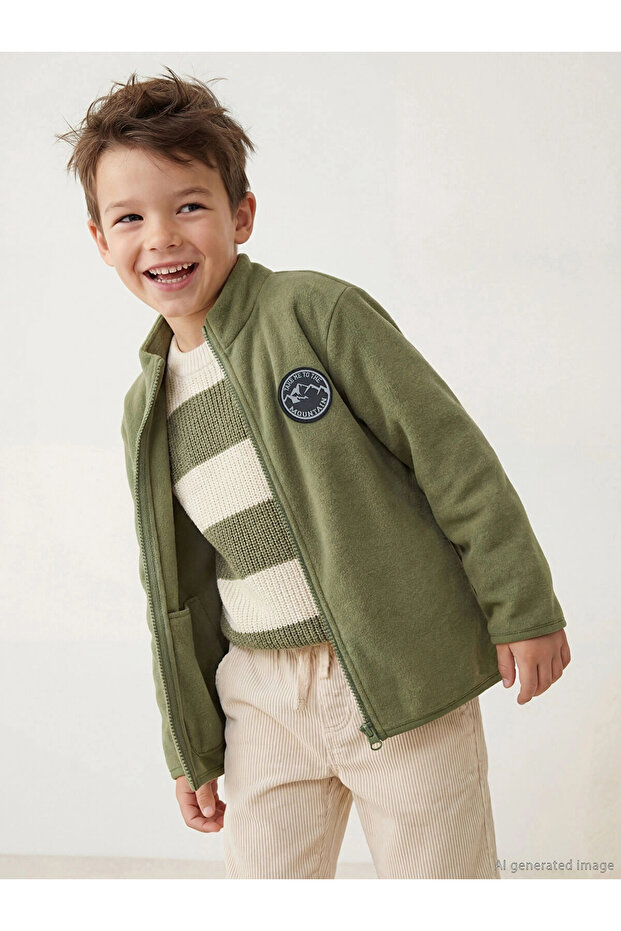 Lcw Kids Khaki College Collar Basic Long Sleeve Boys Zipper Sweatshirt