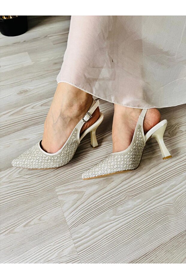 Pearl and Stone Detailled Evening Shoes Pointed Toe Wedding Engagement 8 cm Heel Height