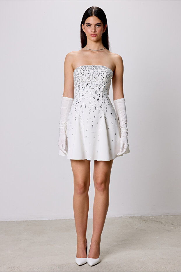 Taş İşlemeli Straplez Mini Abiye Davet Elbisesi - 1