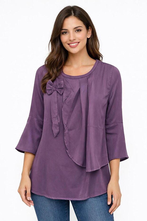 Women’s Elegant Tunic Top with Bow Detail & Layered Front – 3/4 Bell Sleeves, Soft Woven Fabric