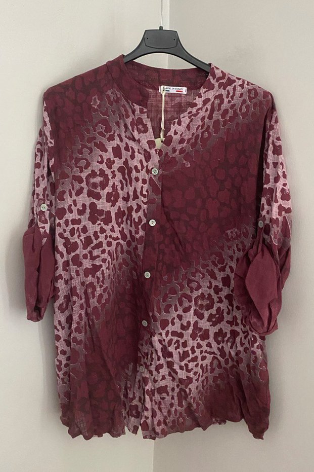 Women's Italian Burgundy Tie-Dye Leopard Print Folded Orphan Sleeve 100% Cotton Shirt Blouse