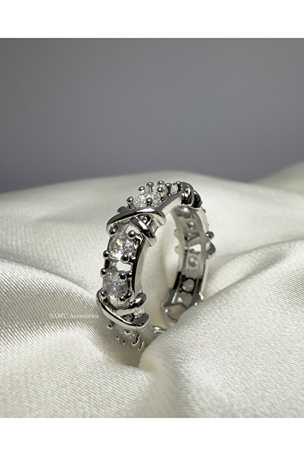 Adjustable Cross X Motif Stone Steel Ring - Silver Cross Kiss