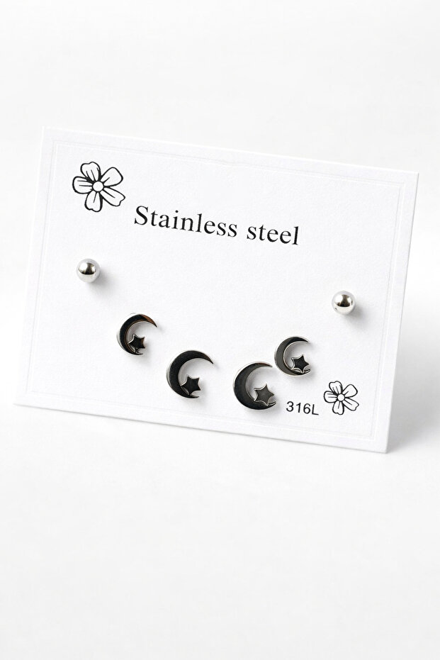 Star Heart Leaf Butterfly Crescent Cat Design Steel Screw Earring Sets