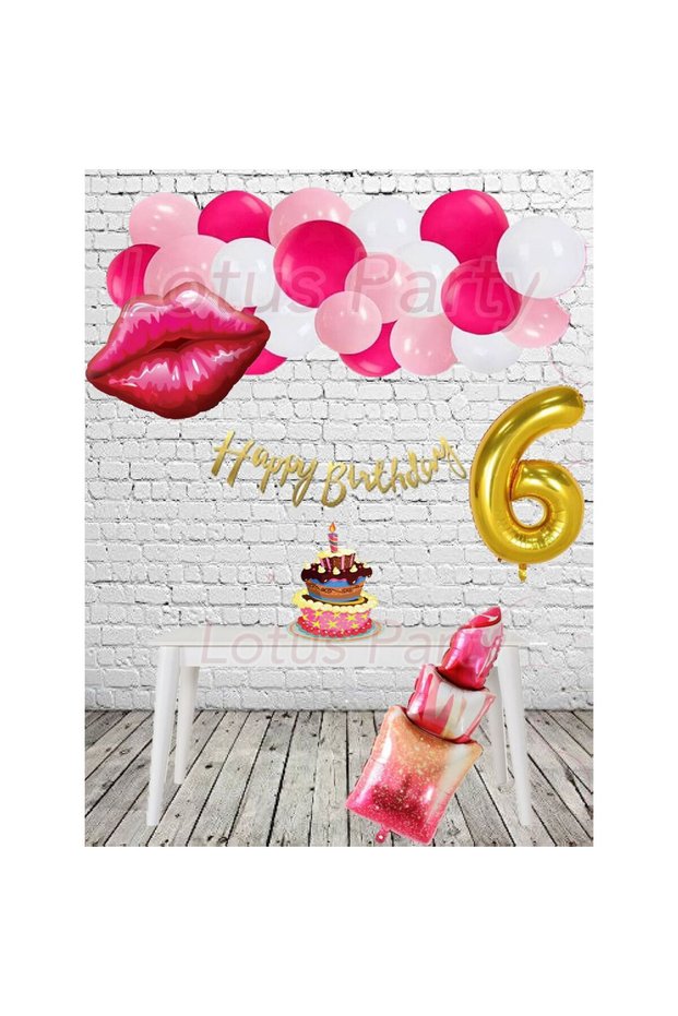 Lip and Lipstick Themed Birthday Set - Lip Foil Balloon Lipstick Foil Balloon Gold Happy Lettering 1 Year Old