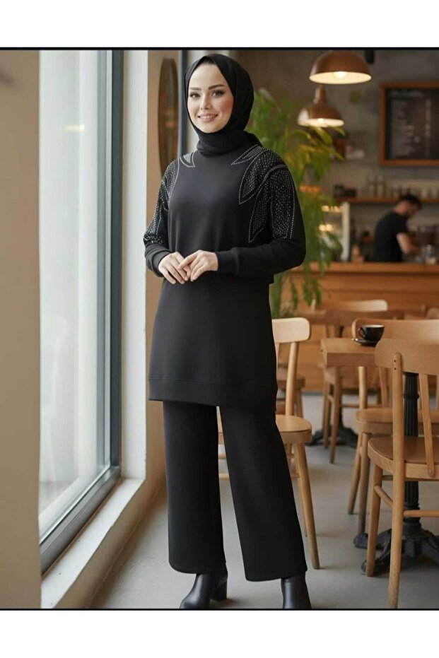 stone detailed jersey two-piece modest set