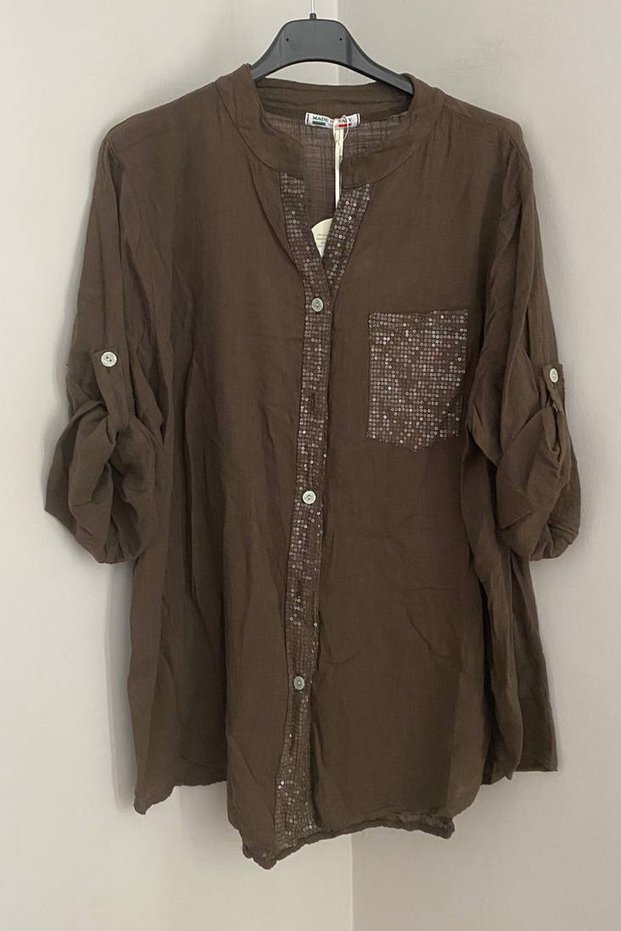 Women's Italian Brown Collared Shirt with Sequin Detail, Pockets, Foldable 3/4 Sleeves, 100% Cotton Linen Shirt