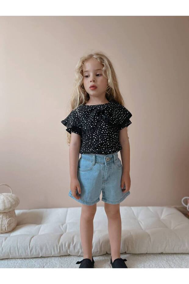 Girl's Black Leopard Print Denim Shorts Set