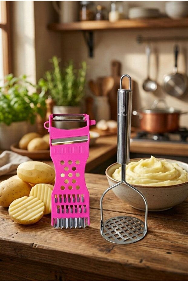 2-Piece Kitchen Prep Set Stainless Steel Potato Masher and Multifunctional Slicer Peeler