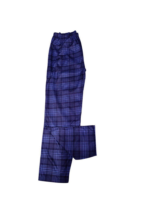 Unisex Navy Blue Plaid Combed Cotton Pajama Bottoms with Pockets