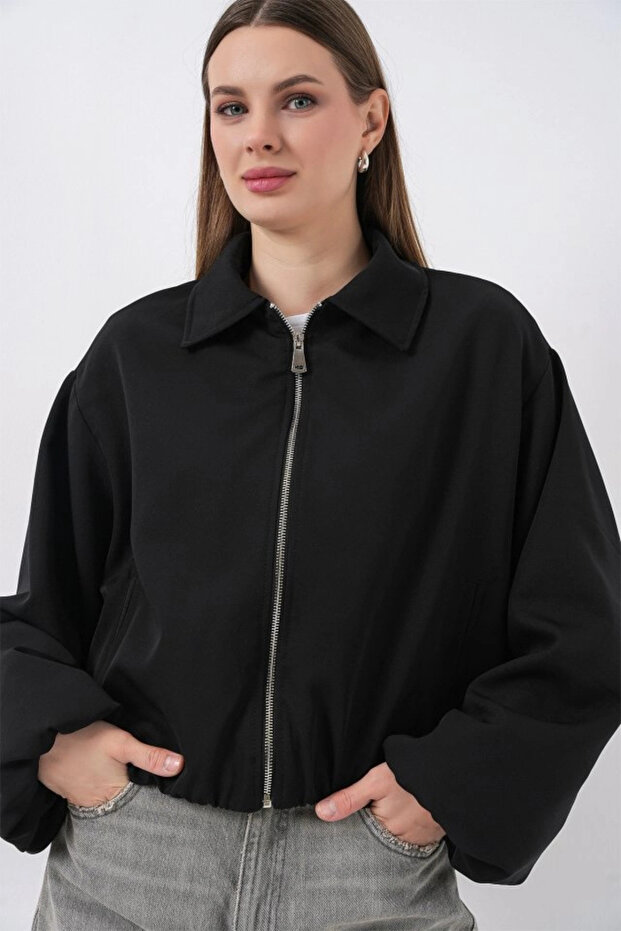 قصة فضفاضة سترة بسحاب 0735 - أسود - 3