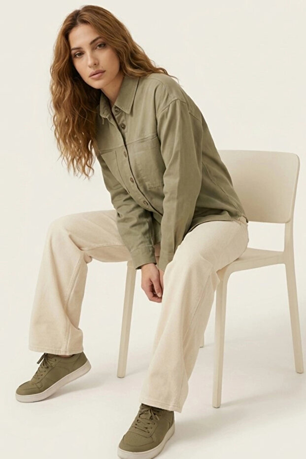 20192 Oversize Gabardin Gömlek Ceket - Haki - 3