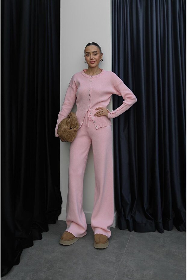 Pink Snap Button Knit Set with Waist Detail