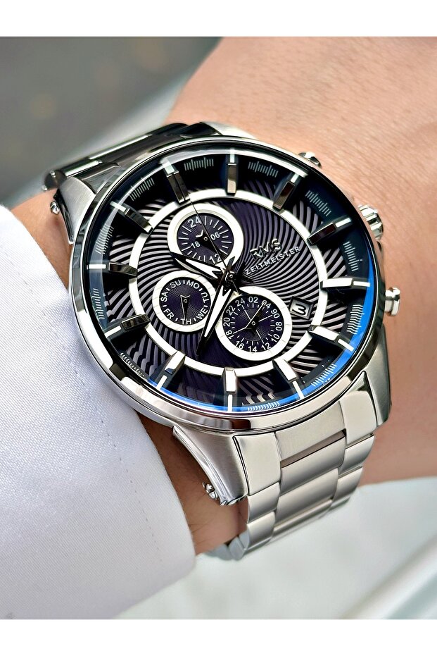 Functional Silver-Navy Color Steel Band Steel Case Men's Wristwatch 1336.03Mr