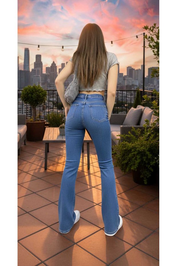 Flared F Flare Jeans Jeans Trousers High Waist Medium Blue Lycra