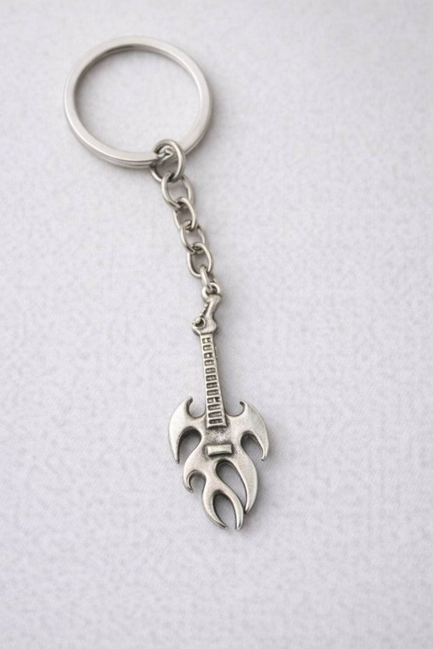 Silver Color Metal Design Unisex Keychain with Flame Detailed Guitar Figure