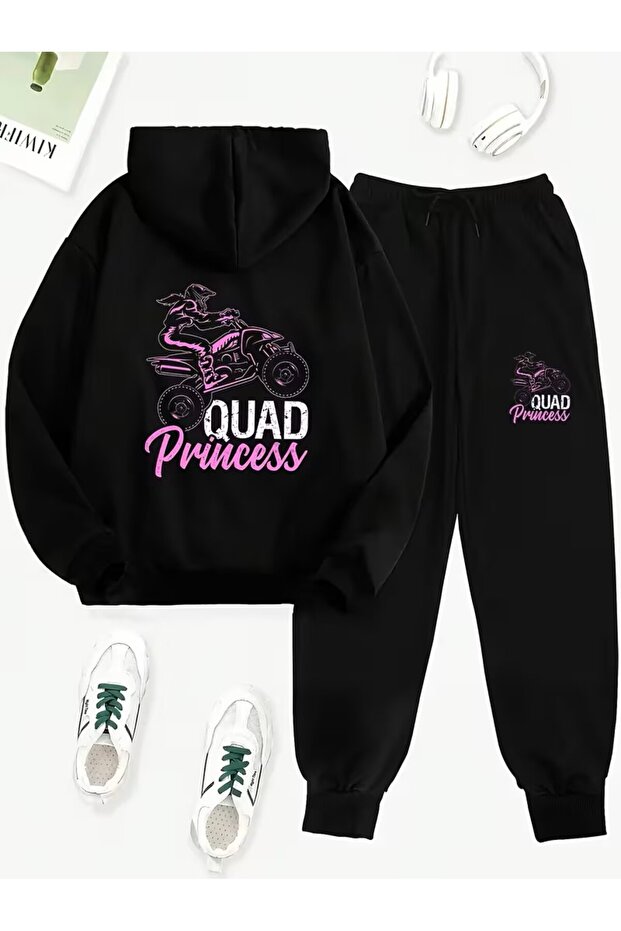 Cool and'Quad Princess' Text and Quad Bike Patterned Hooded Sweatshirt & Pants Women's Set