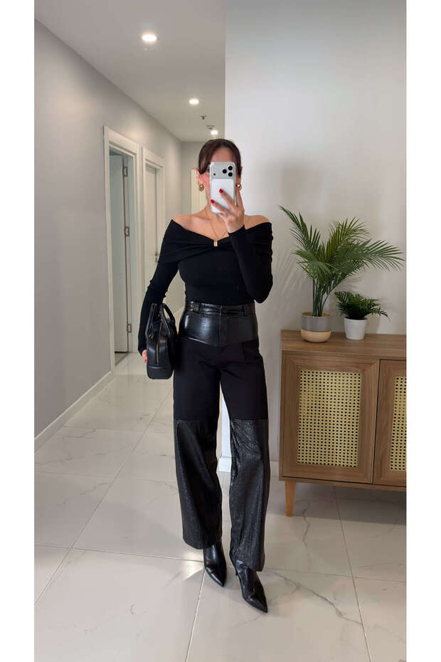 Retora Leather Detailed Patchwork Trousers - 1