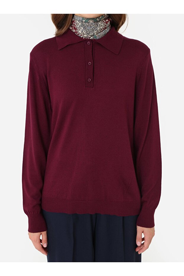 Yarım Patlı Gömlek Yaka Basic Triko Kazak - Murdum - - 3