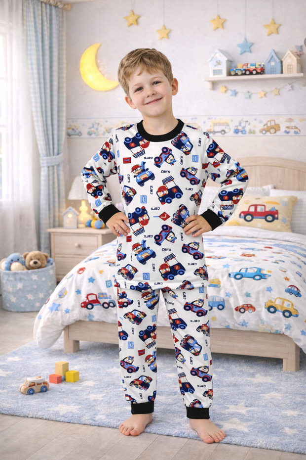 Boys' 100% Natural Cotton High-Quality Long-Sleeved Cuffed Pajama Set with Car