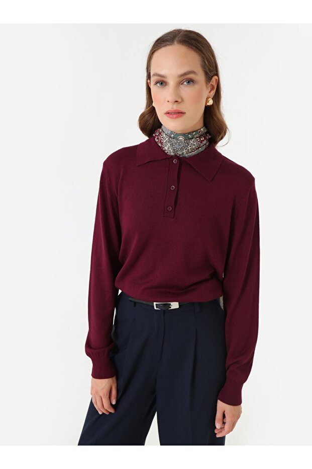 Yarım Patlı Gömlek Yaka Basic Triko Kazak - Murdum - - 2