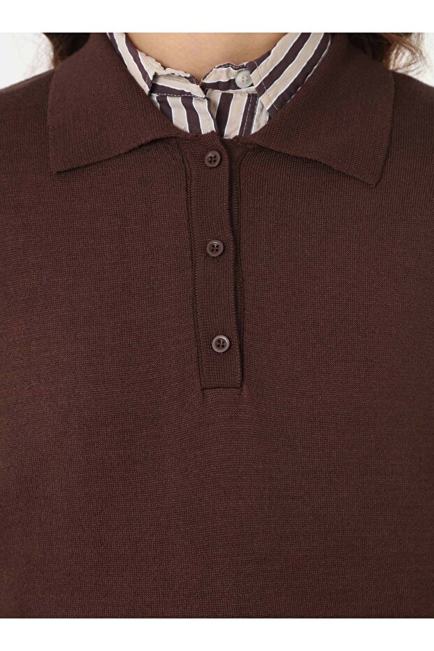 Half Placket Shirt Collar Basic Knit Sweater - Brown - - 6