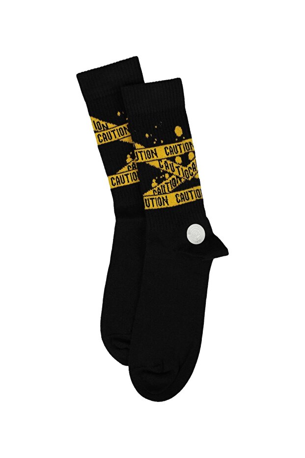 Men's Caution Patterned Corded Fabric Socks Black