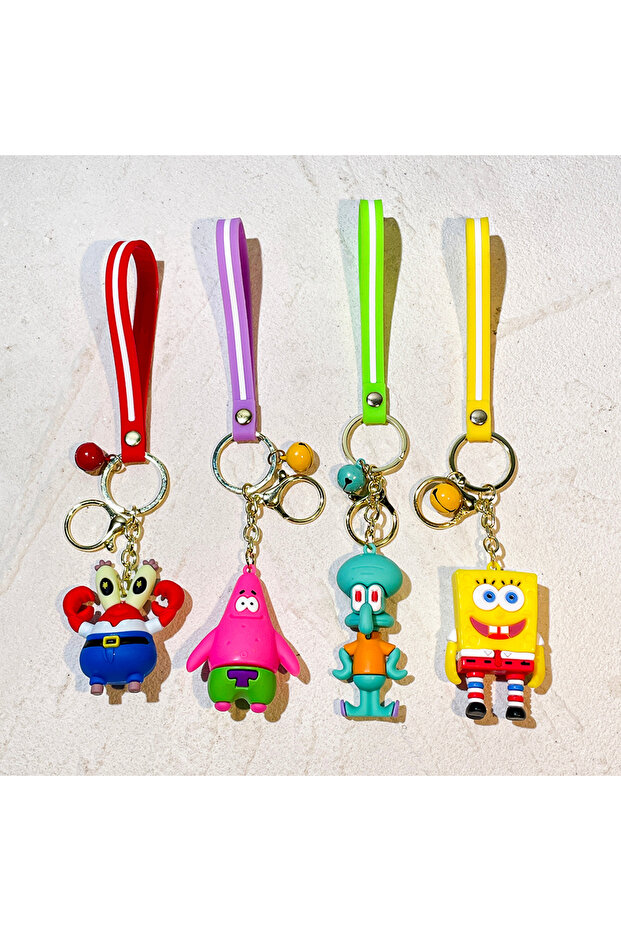 6 cm 4pcs Kawaii Creative SpongeBob SquarePants Big Star Octopus Brother Keychain, Soft Cute Couple