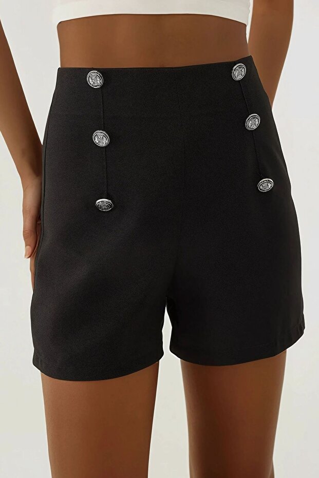 Düğmeli Yüksek Bel Şort - 1